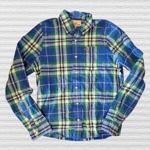 Blue and Green Plaid Men's Button Up Shirt Hollister Size Xlarge